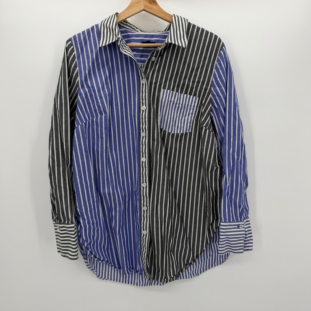 Talbots Mixed Stripe Button Down Shirt Navy Grey White Cotton Large